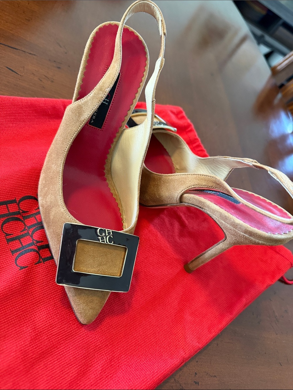 Carolina Herrera Tan Suede Slingback Pumps with CH Buckle
